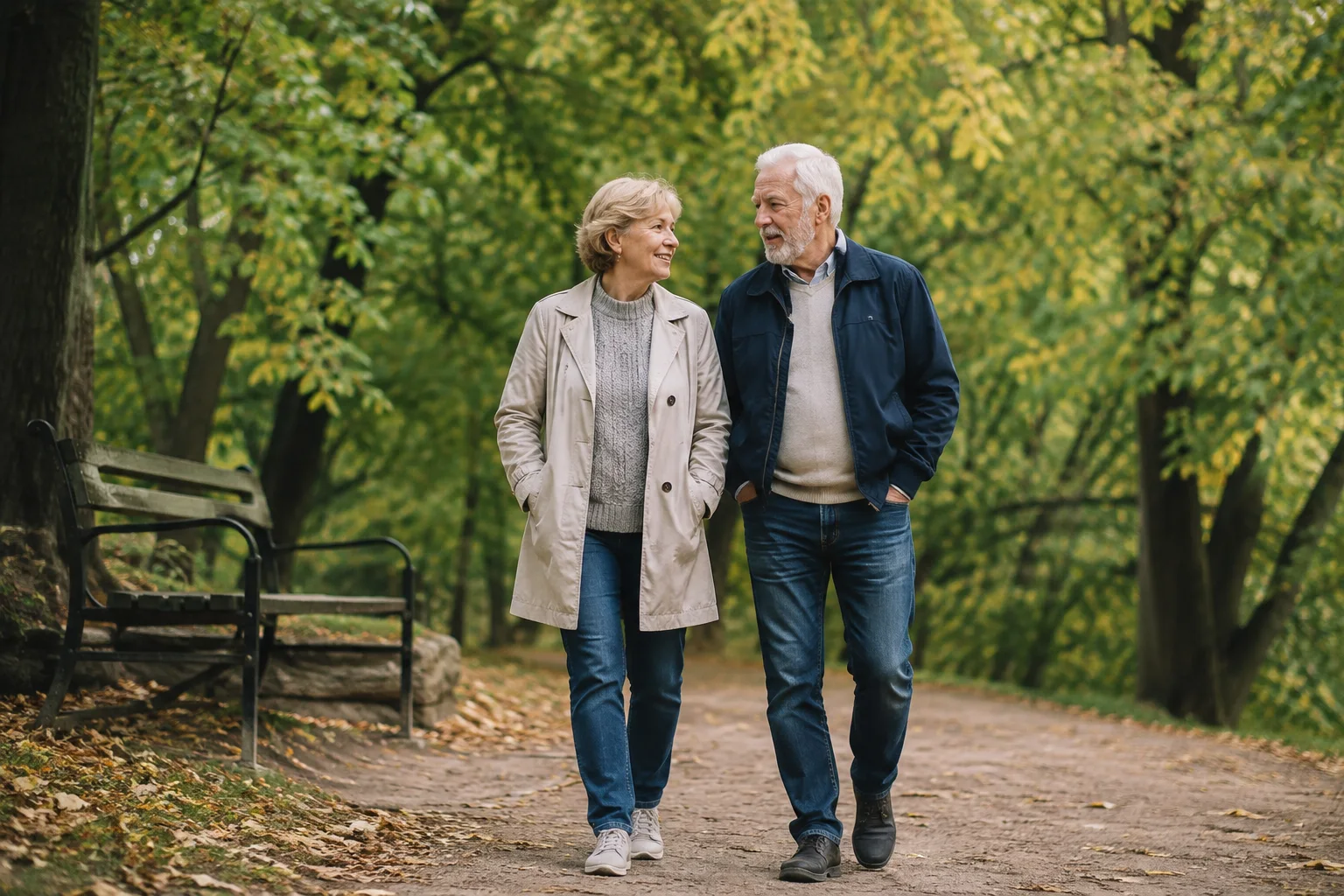 Para seniorów spacerująca wśród zieleni w pogodny dzień