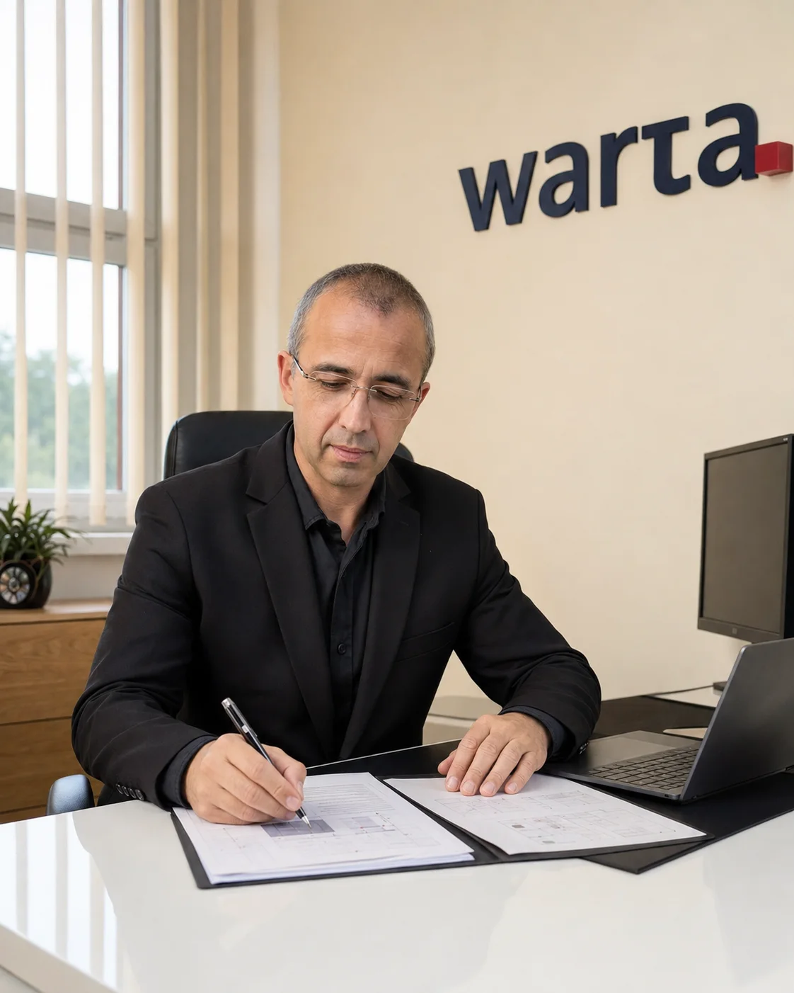 Mariusz Cyman pracujący nad dokumentami przy biurku w swoim biurze Warty