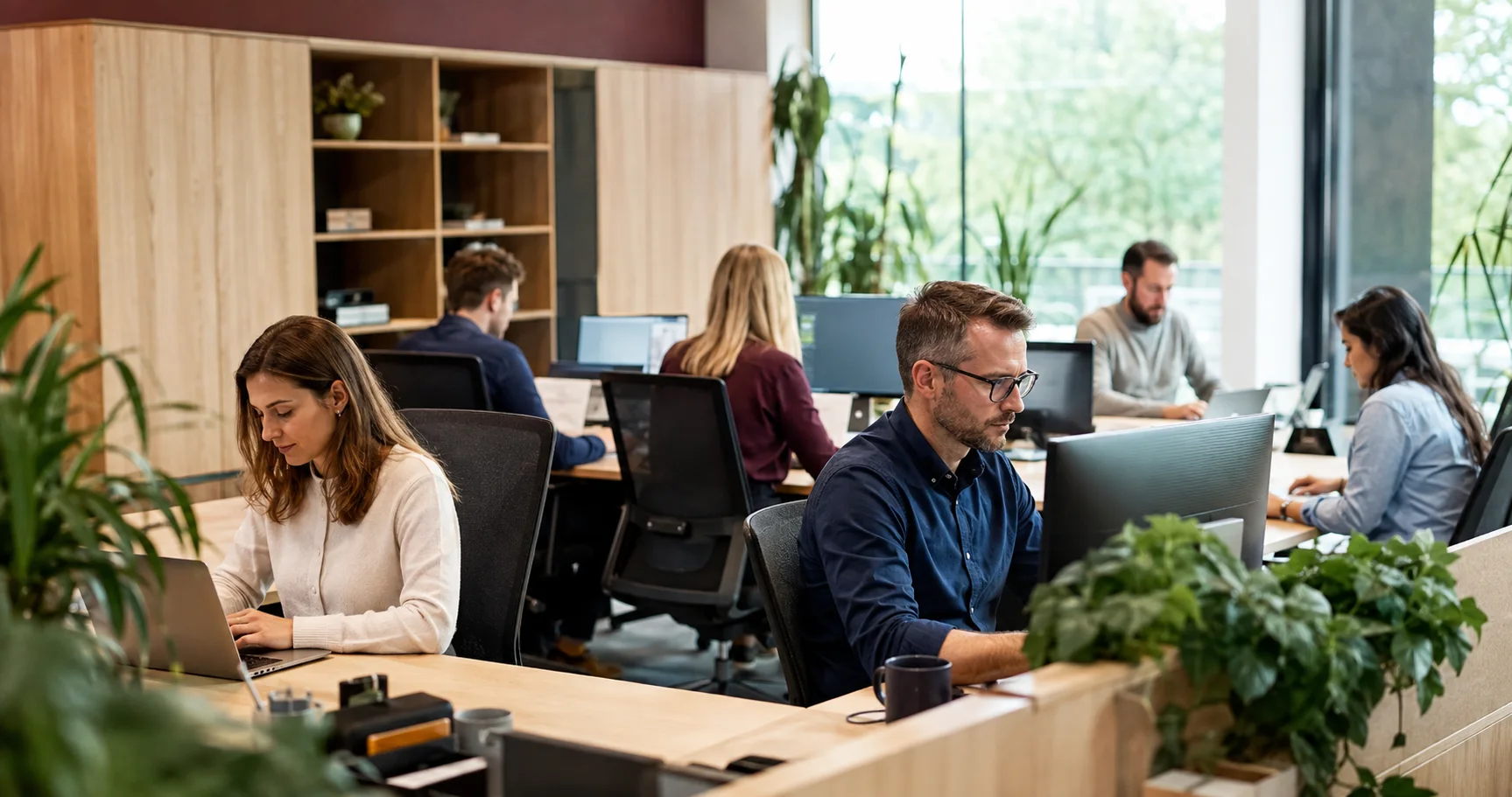 Pracownicy nowoczesnej firmy podczas codziennej pracy w biurze
